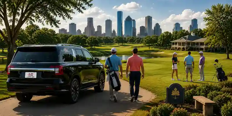 Golfers arriving at a Houston golf course in a luxury SUV for private, public, and championship golf experiences.